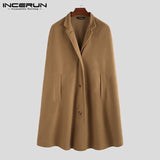 INCERUN Winter Fashion Men Cloak Coats Solid Streetwear Faux Blends Fleece Overcoat Stand Collar Trench Casual Jackets Cape 2020